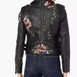 Luxe Floral Embroidered Vegan Leather
Zip up Moto Jacket